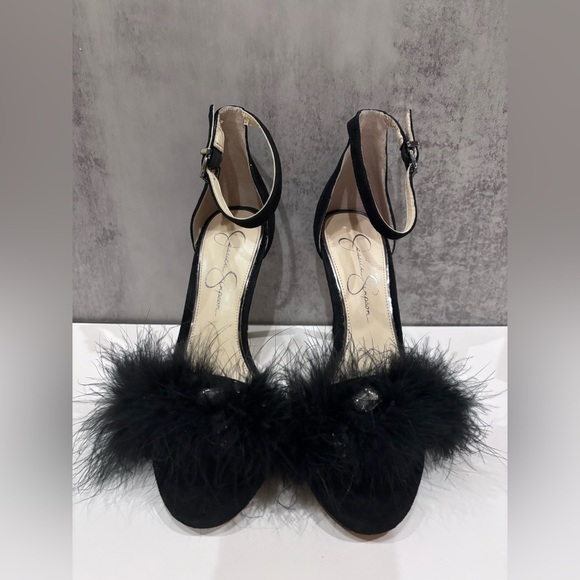 Jessica Simpson Black Feather Pearl Rhinestone Stiletto High Heels Size 7.5 - Picture 2 of 11